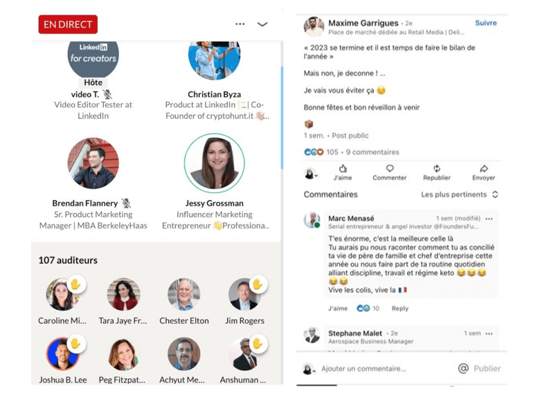 Première image : une capture d'écran montrant le live audio sur linked in: on voit les photos de profil des participants ainsi que leurs métiers et si iels lèvent la main pour intervenir, pas de caméra visio

Seconde image : Capture d'écran d'un post LinkedIn où un utilisateur se moque de la tendance "développement personnel" du réseau en répondant à un bonnes fêtes de fin d'année par "Tu aurais pu nous raconter comment tu as concilié ta vie de père de famille et chef d'entreprise cette année ou nous faire part de ta routine quotidienne alliant discipline, travail et régime" avec un ton humoristique