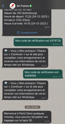 Une capture d'écran de What's app qui montre une conversation entre AirFrance et un usager afin d'échanger des infos avec proximité