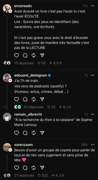 Une capture d'écran du réseau social Threads, qui montre un fil de discussion où les gens se répondent, sans hashtag et sans polémique