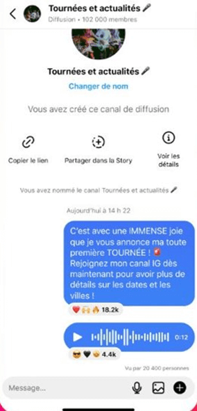 Une capture d'écran d'un canal de discussion Instagram où une artiste écrit et fait des vocaux à sa communauté qui peut y réagir par émojis